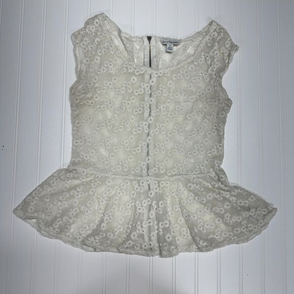 American Eagle Outfitters Sheer Floral Embroidered White Peplum Top Size Small - Picture 1 of 8
